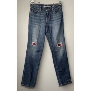 Eddie Bauer Blue Jeans Size 4 Relaxed Boyfriend Denim Distressed Plaid Grunge